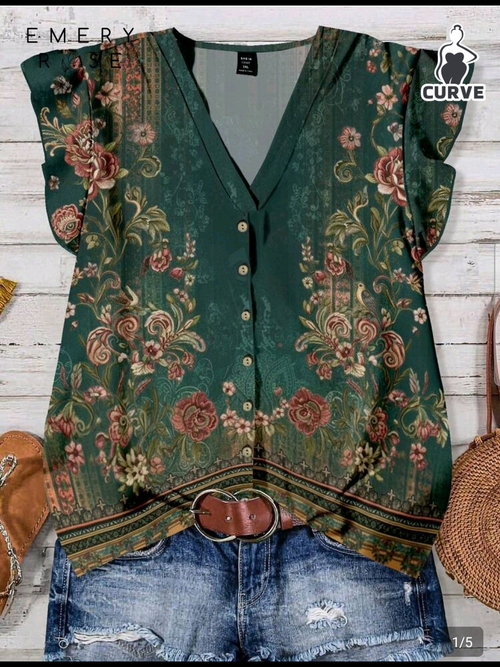 SHEIN Green Floral Button-Front V-Neck Blouse